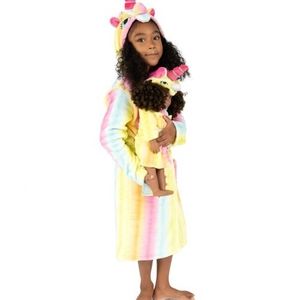 Pink & Yellow Stripe Unicorn Fleece Hooded Robe & Doll Outfit